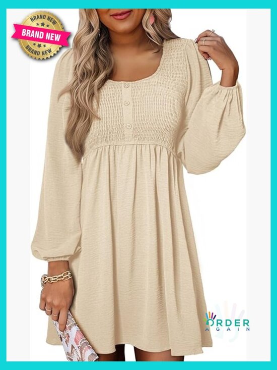 Dresses & Skirts - Smocked Empire Waist Mini Dress Long Sleeve Button Up A-Line Chic